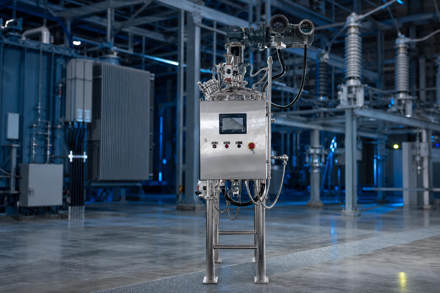 Agitated process vessel illustrating mixing geometry for accessible batch work