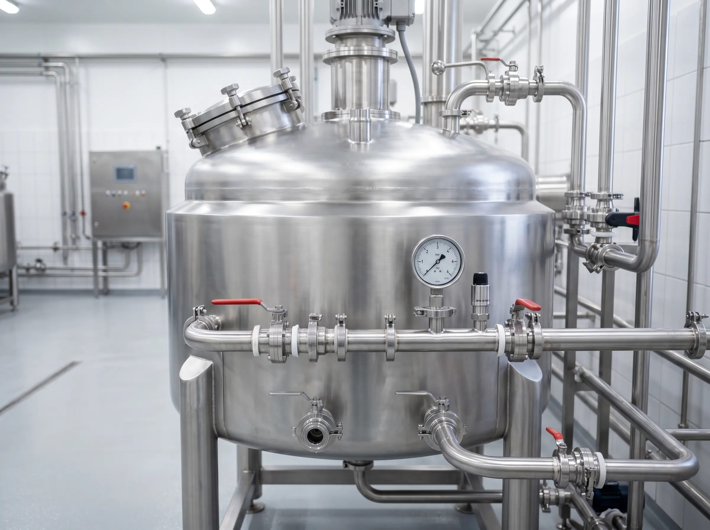 Sanitary mixing tank with CIP fittings and jacketed vessel interfaces