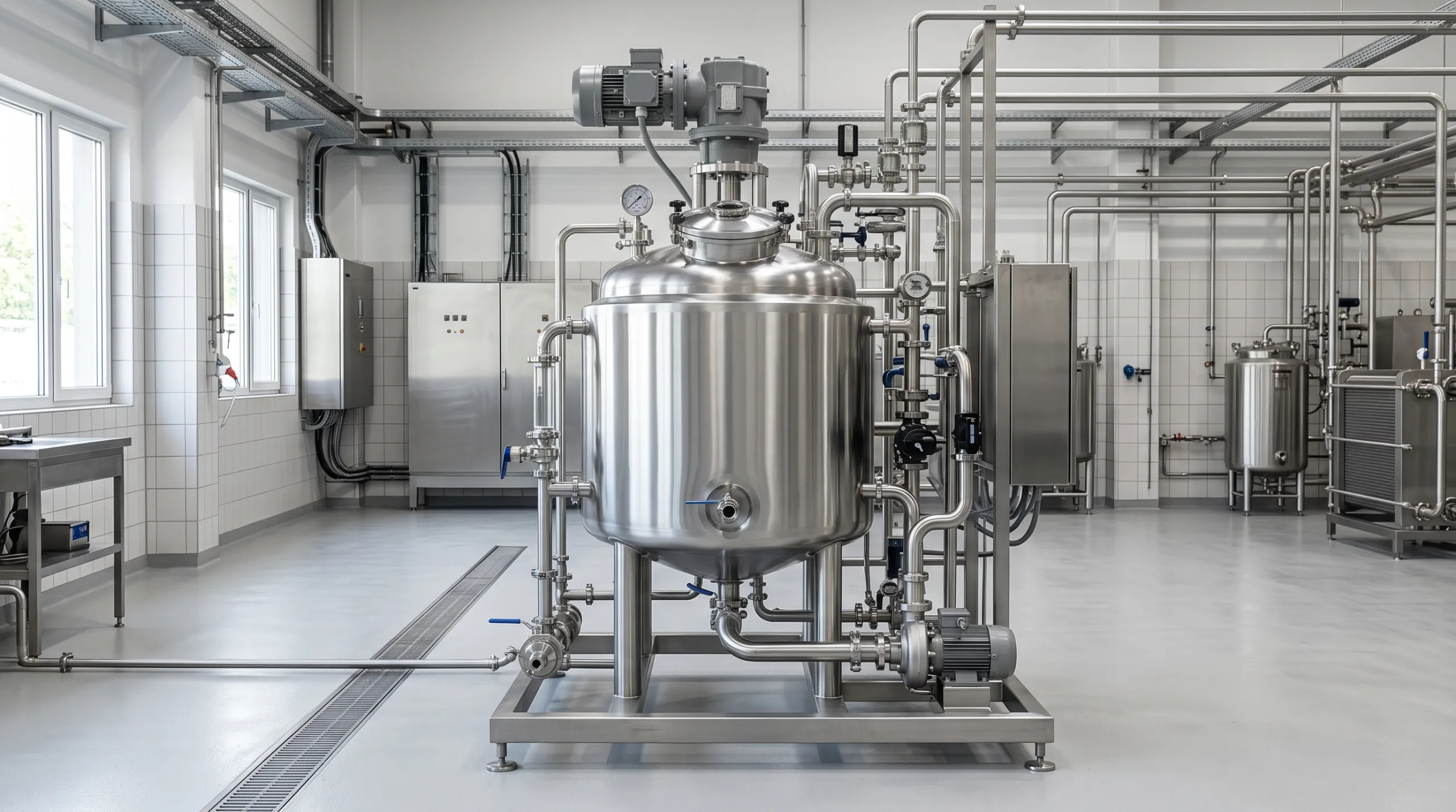 Sanitary mixing tank for dairy product production and CIP planning