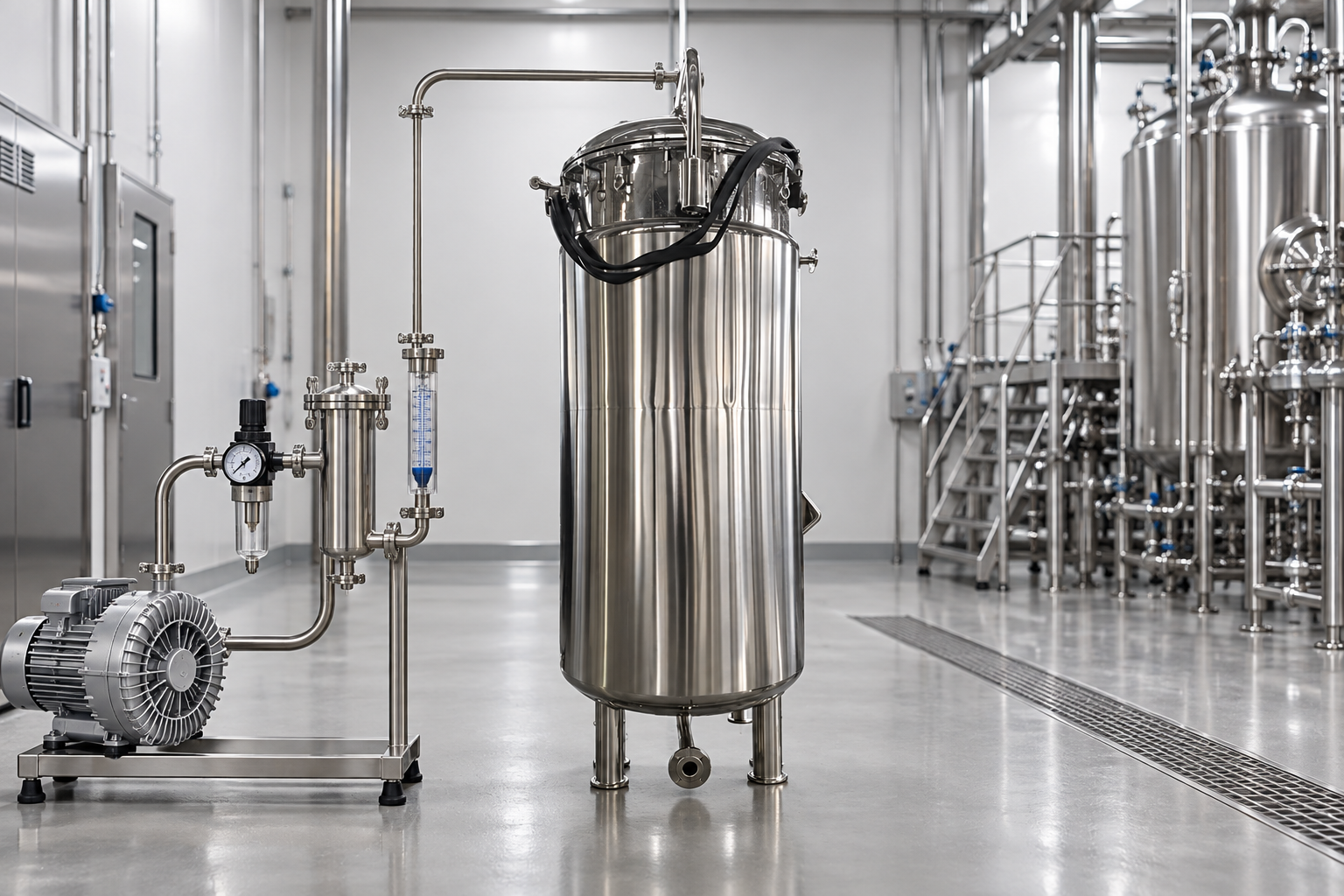 Stainless steel fermenter with sterile airflow supply train