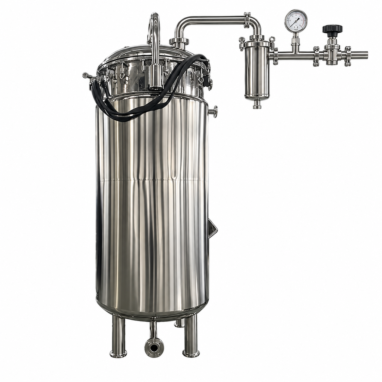 Sanitary airflow filter and pressure controls connected to a fermenter