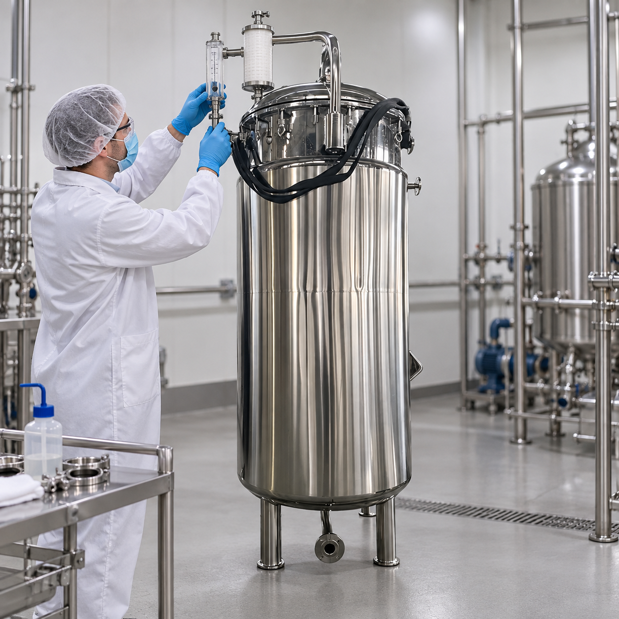 Technician inspecting a fermenter sterile airflow train