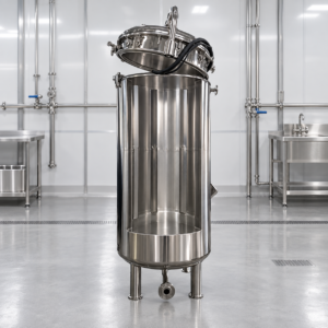 Tall stainless steel fermenter opened to show vertical internal baffles