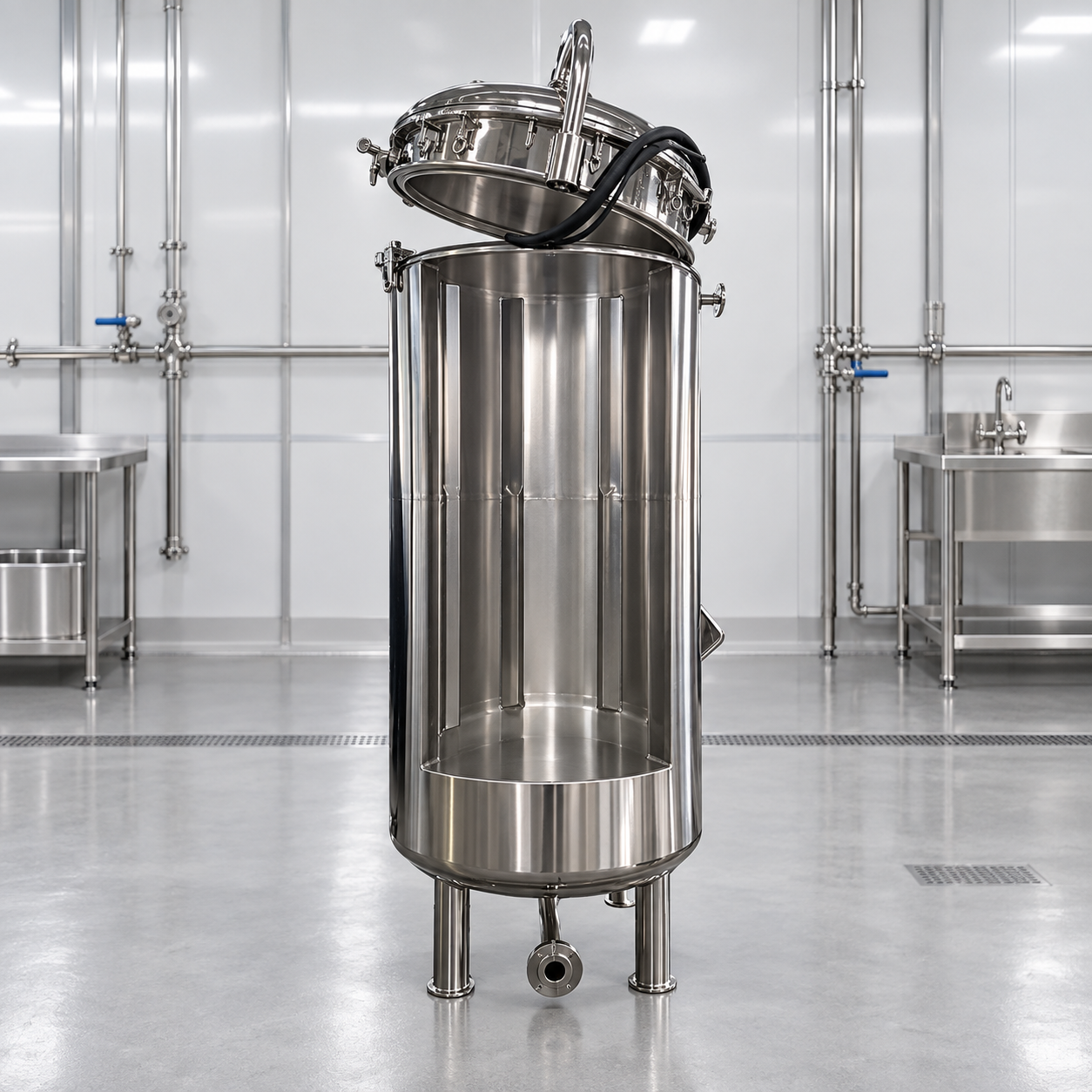 Tall stainless steel fermenter opened to show vertical internal baffles
