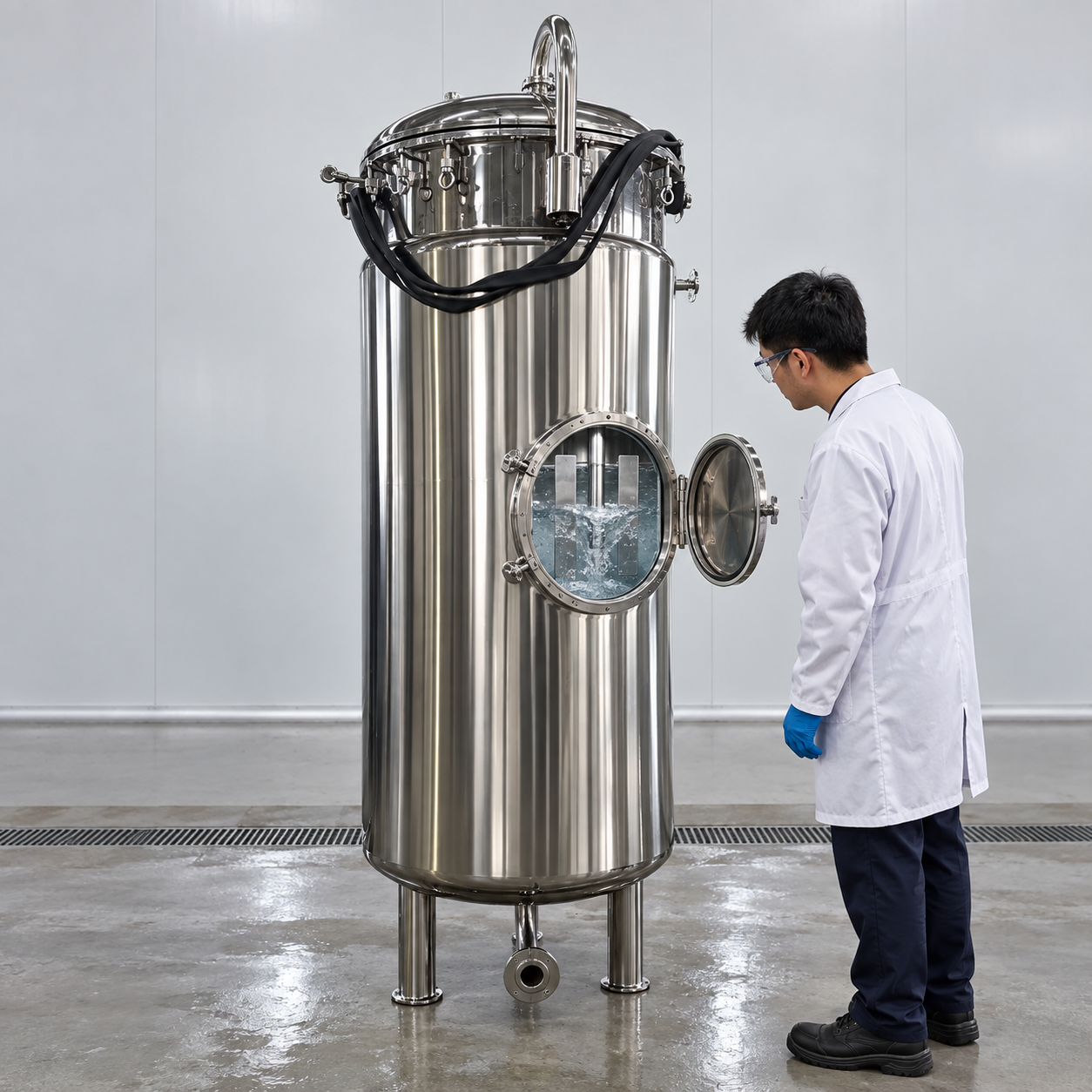 Technician observing a water mixing test through a fermenter inspection port