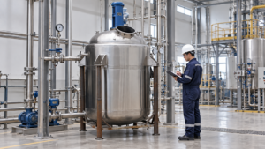 Process engineer documenting a material balance beside a stainless steel reactor