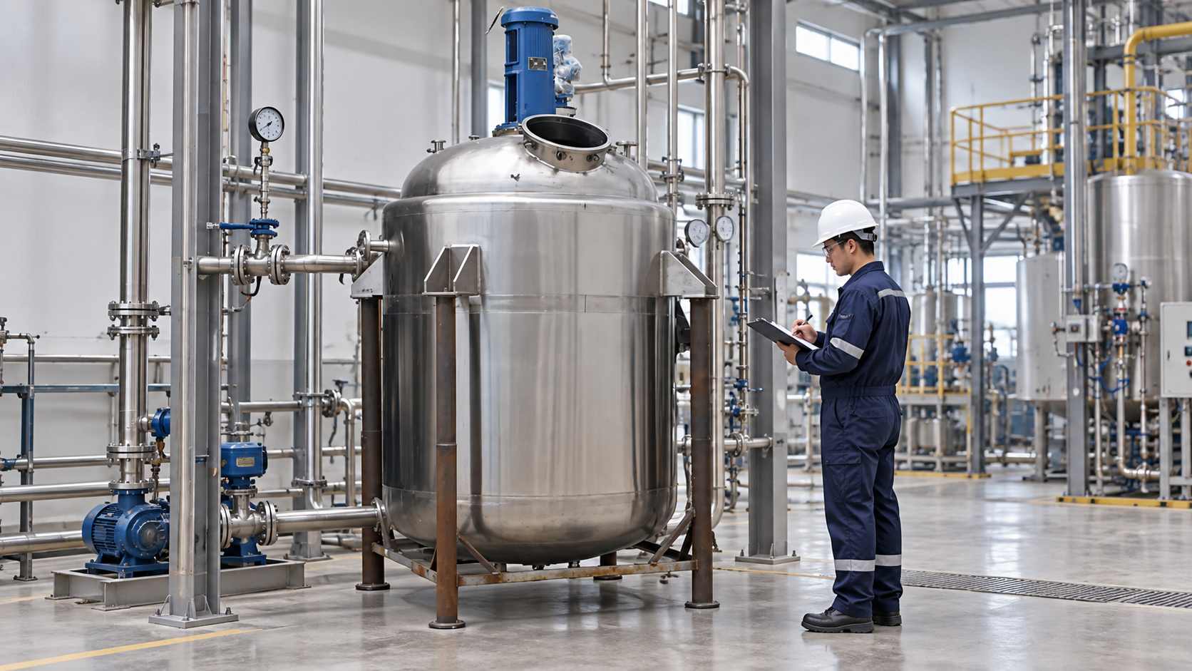 Process engineer documenting a material balance beside a stainless steel reactor