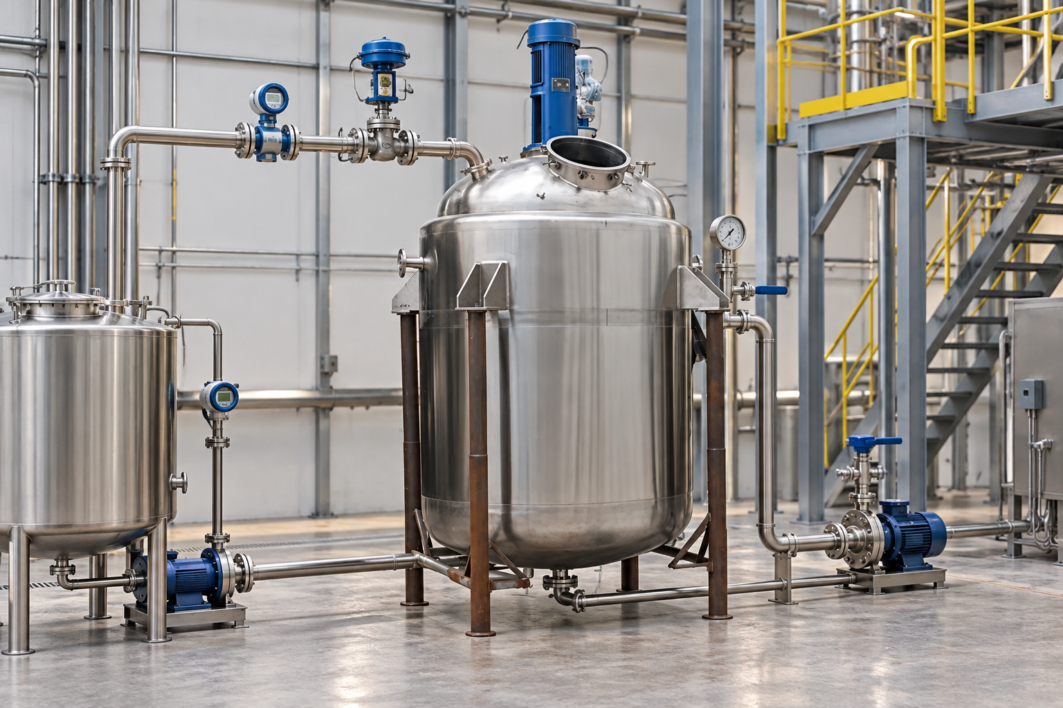 Instrumented raw material feed entering a stainless steel batch reactor