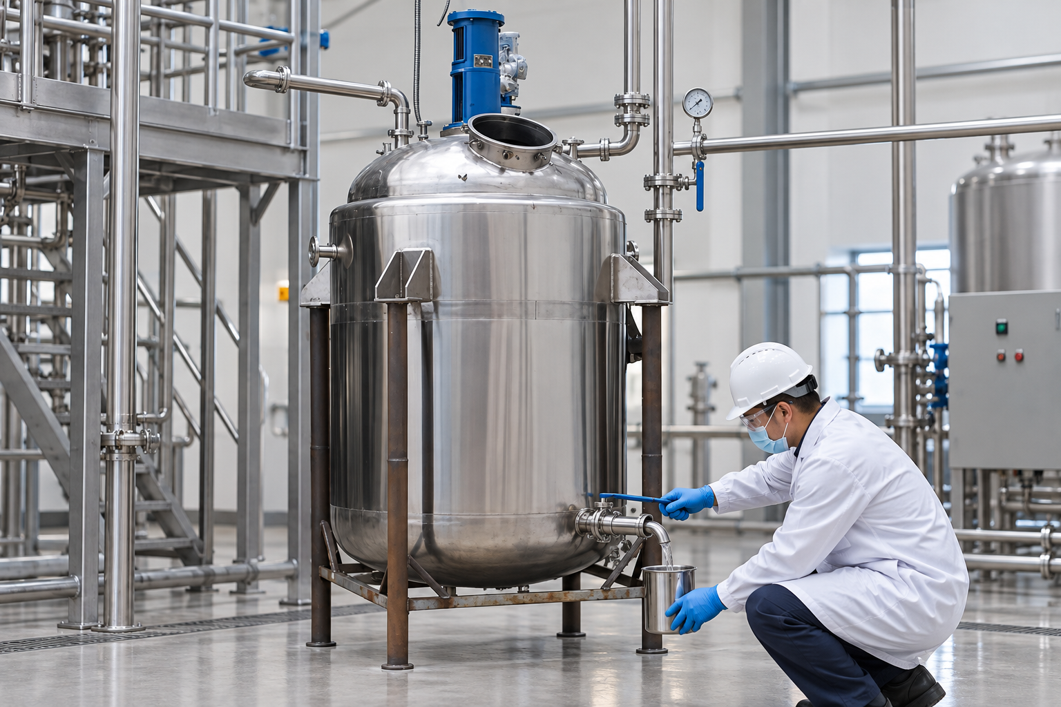 Controlled product discharge and sample collection from a stainless steel batch reactor