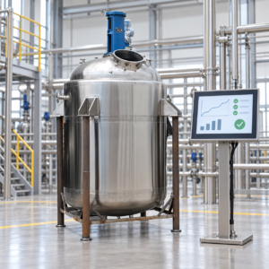 Stainless steel chemical reactor beside a batch data display