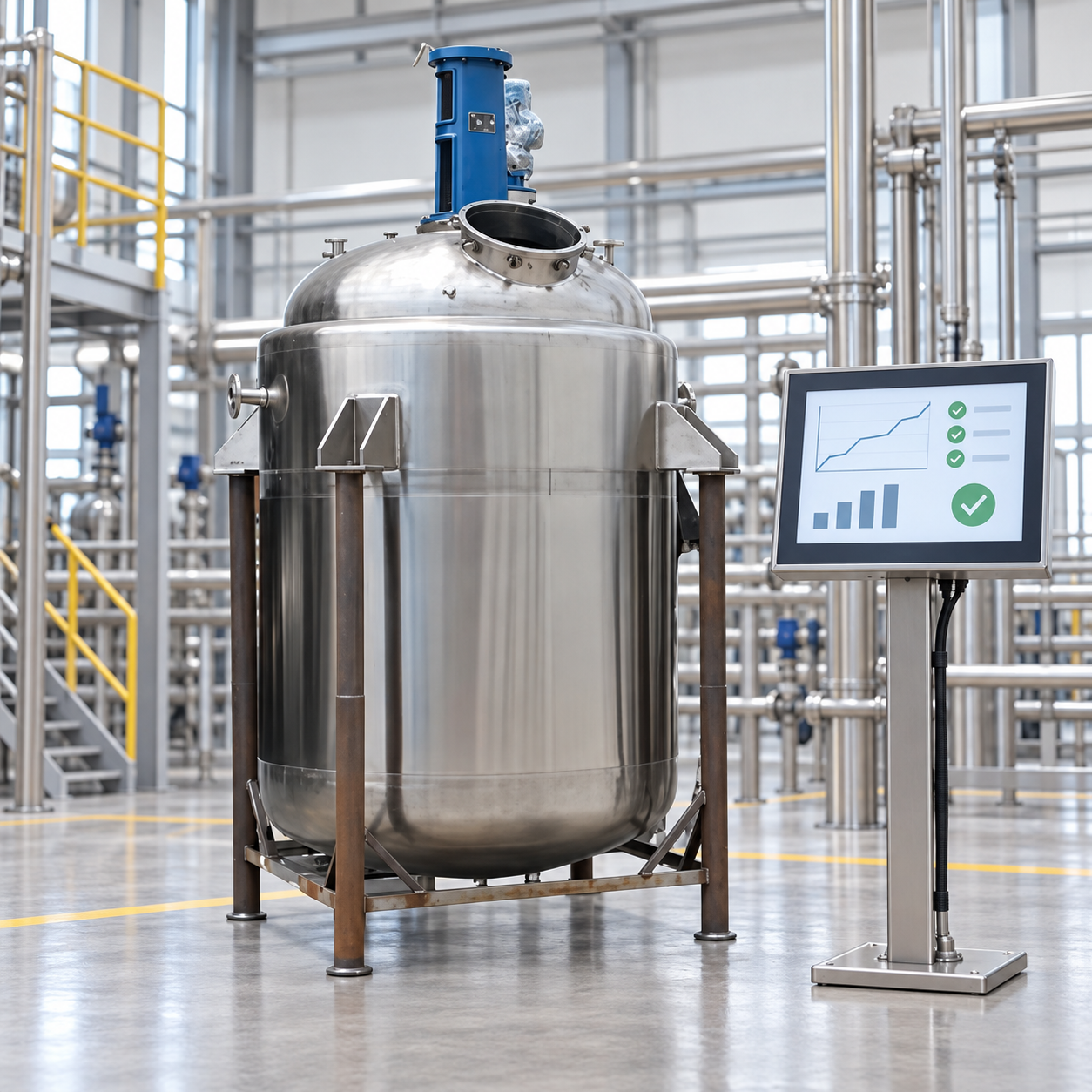 Stainless steel chemical reactor beside a batch data display