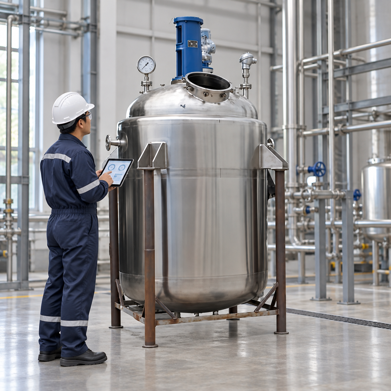 Technician verifying reactor instruments with a tablet