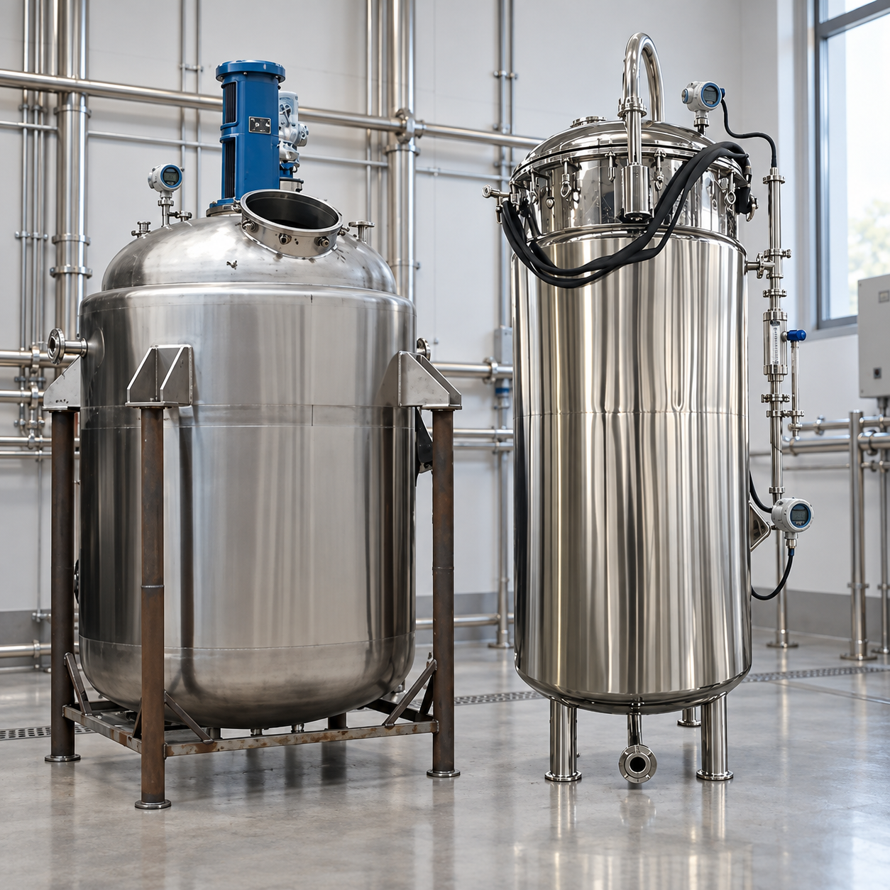 Chemical reactor and tall stainless steel fermenter with process instruments