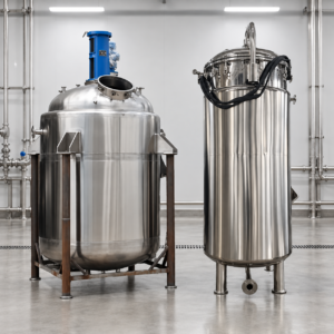 Stainless steel chemical reactor and tall fermenter shown side by side