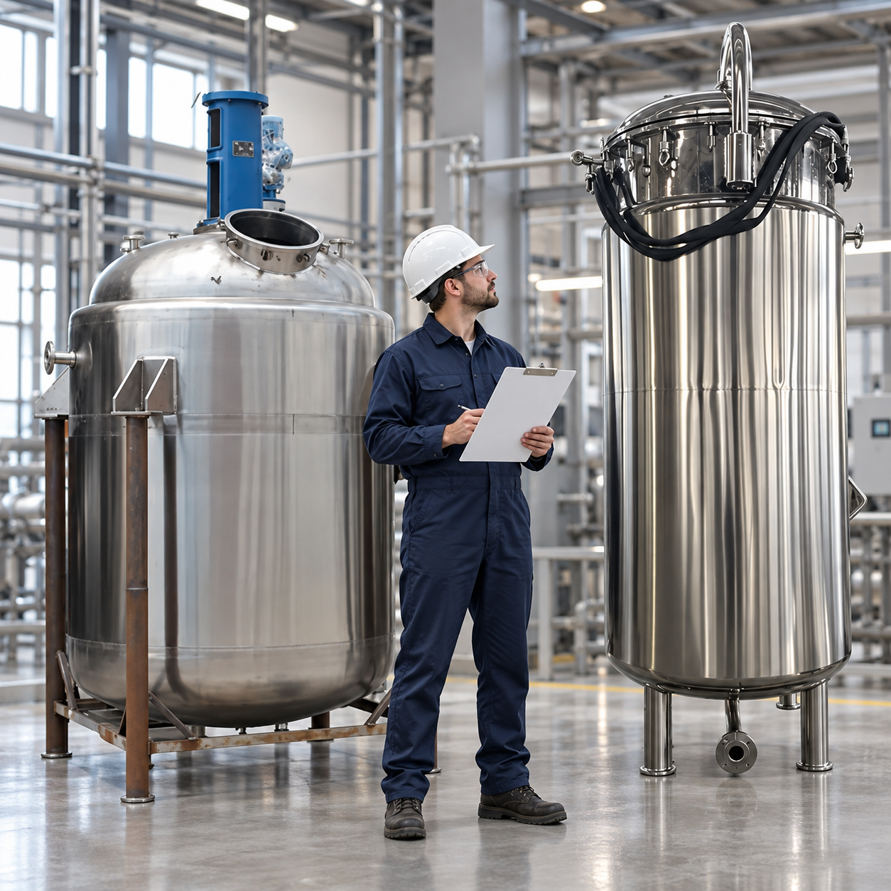Engineer comparing a chemical reactor and stainless steel fermenter