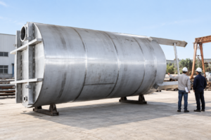 Engineers reviewing a horizontal stainless steel resin storage tank at fabrication yard