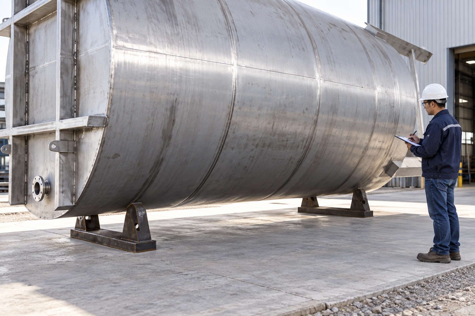 Revisión del soporte del tanque de almacenamiento Horizontal stainless storage tank saddle supports being visually reviewed