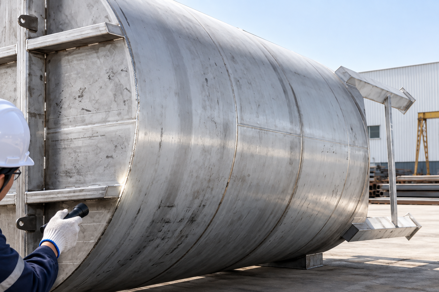 Geometría del cuerpo del tanque de almacenamiento Inspection view of a horizontal stainless steel resin storage tank shell and end connection