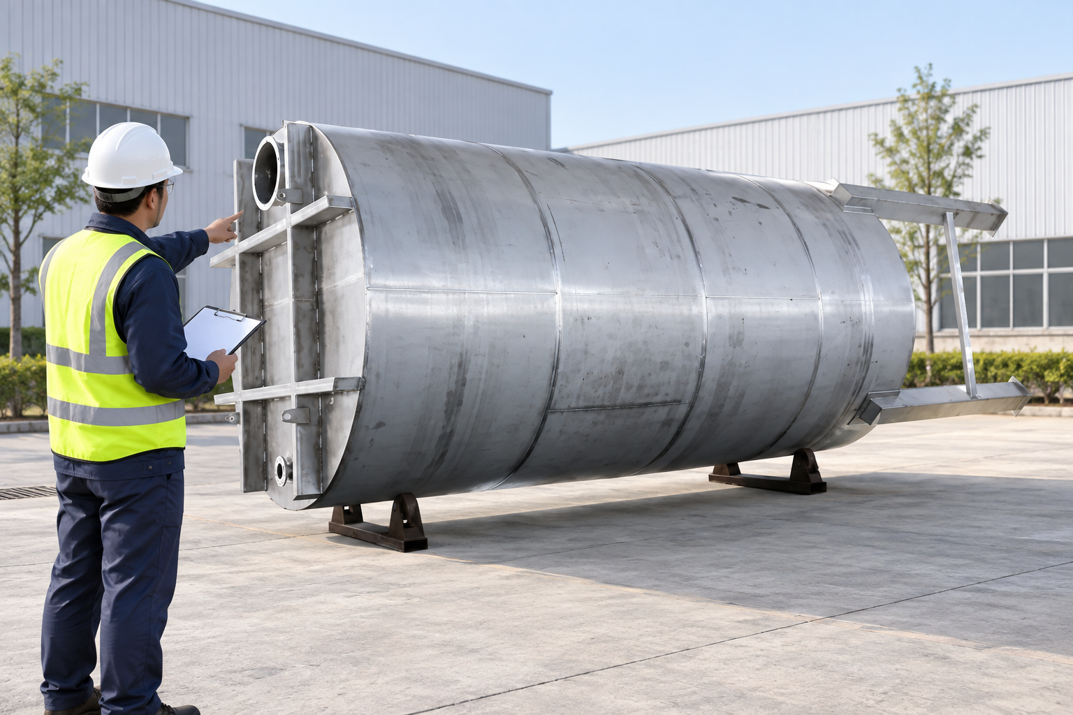 Revisión de acceso externo Inspector reviewing exterior end opening and access of horizontal storage tank