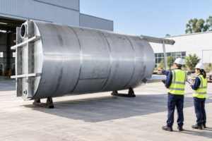 Two plant inspectors review exterior of horizontal stainless storage tank