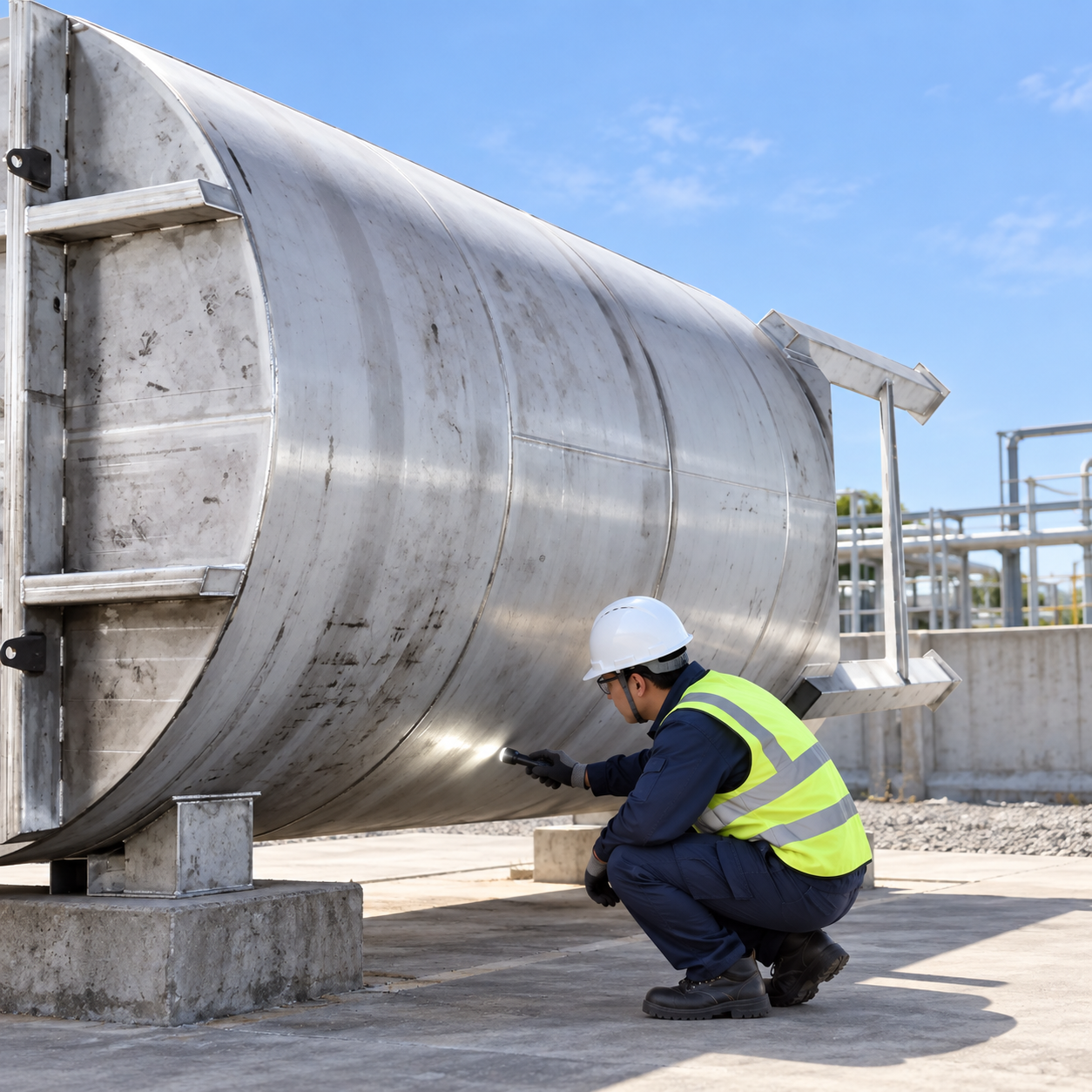 Verificación del estado del tanque de almacenamiento externo Inspector checking exterior lower shell and support of horizontal stainless storage tank