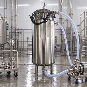 Stainless steel fermenter connected to a CIP recirculation pump