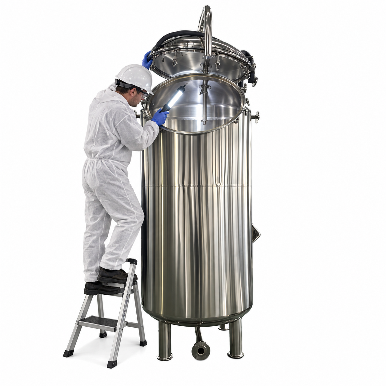 Technician inspecting fermenter surfaces after a CIP coverage test