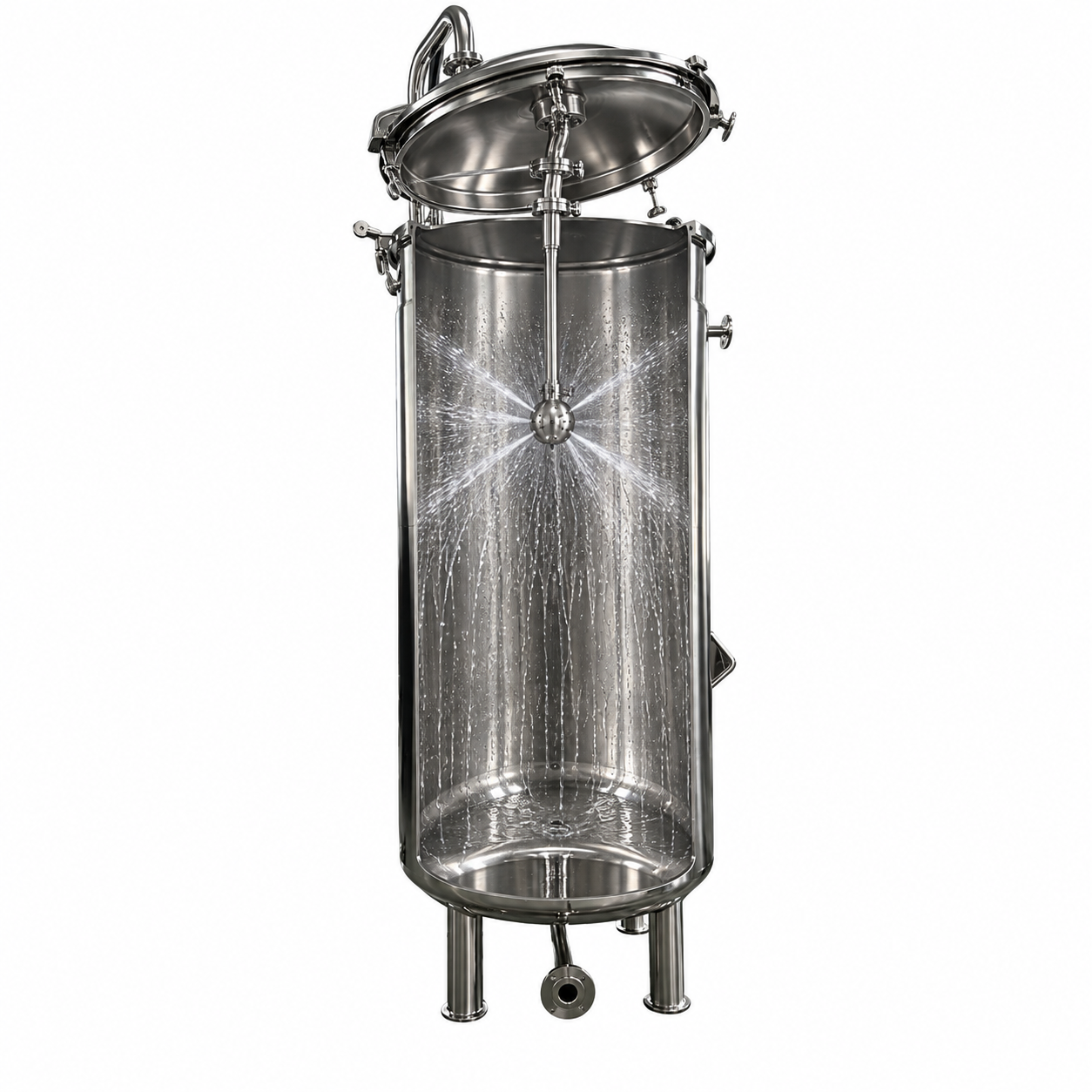 Rotary spray device cleaning the interior of a stainless steel fermenter