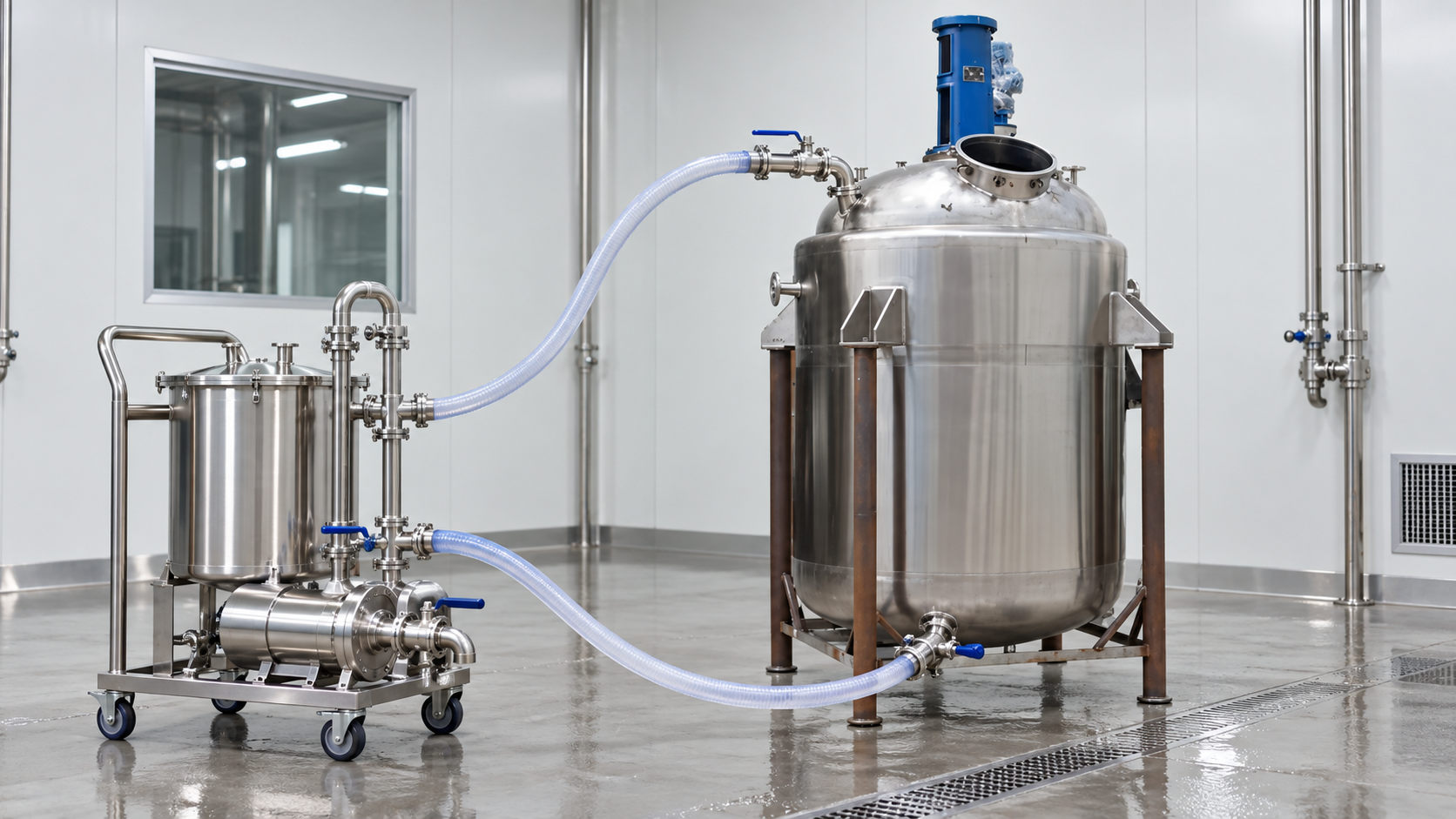 Mobile clean-in-place skid connected to a stainless steel chemical reactor