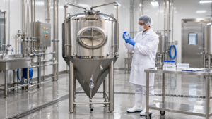 Food safety technician validating cleaning of a stainless steel storage tank