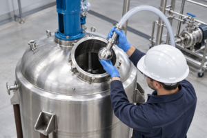 Technician inspecting a CIP spray head over the chemical reactor opening