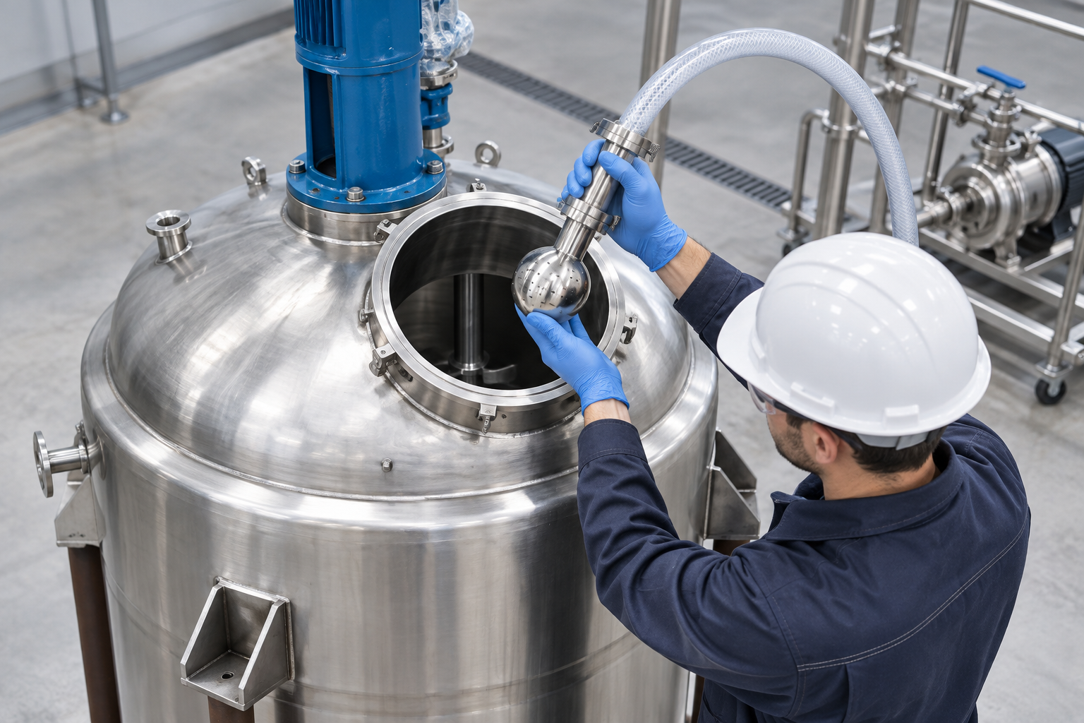 Technician inspecting a CIP spray head over the chemical reactor opening