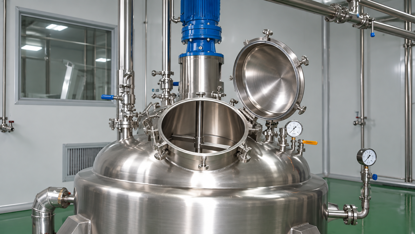 Technician inspecting a stainless steel chemical reactor through an open manway