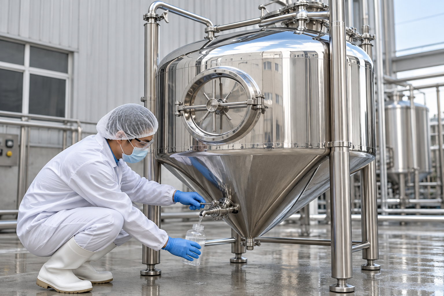Technician collecting a rinse sample from a food-grade stainless steel storage tank outlet
