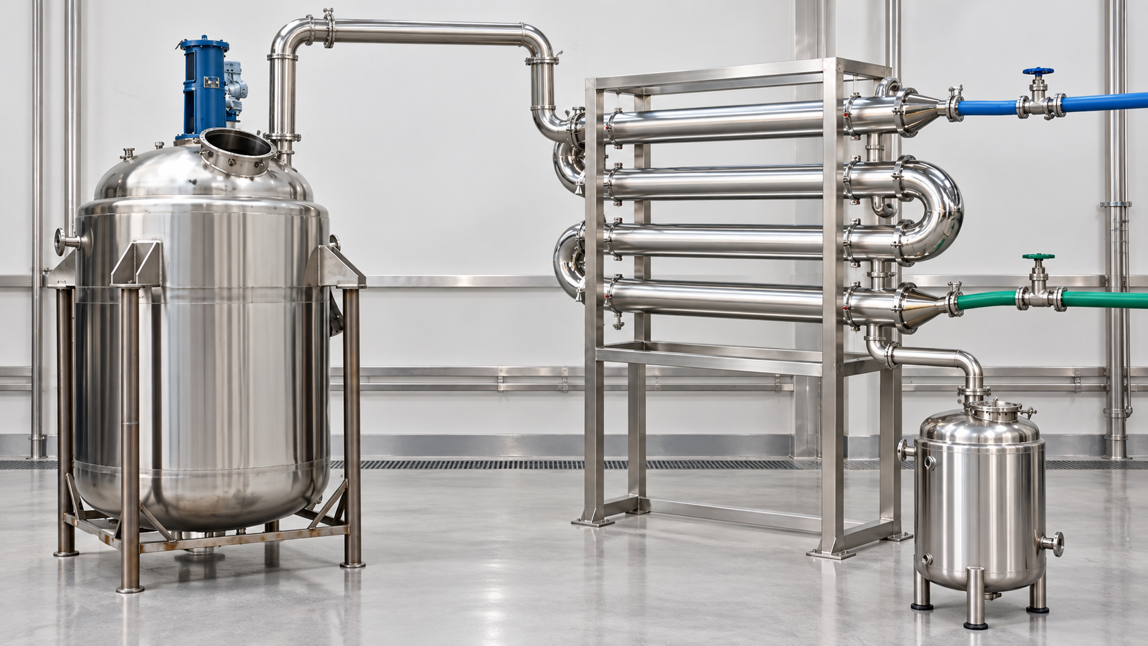 Stainless steel reactor connected to a horizontal condenser and condensate receiver