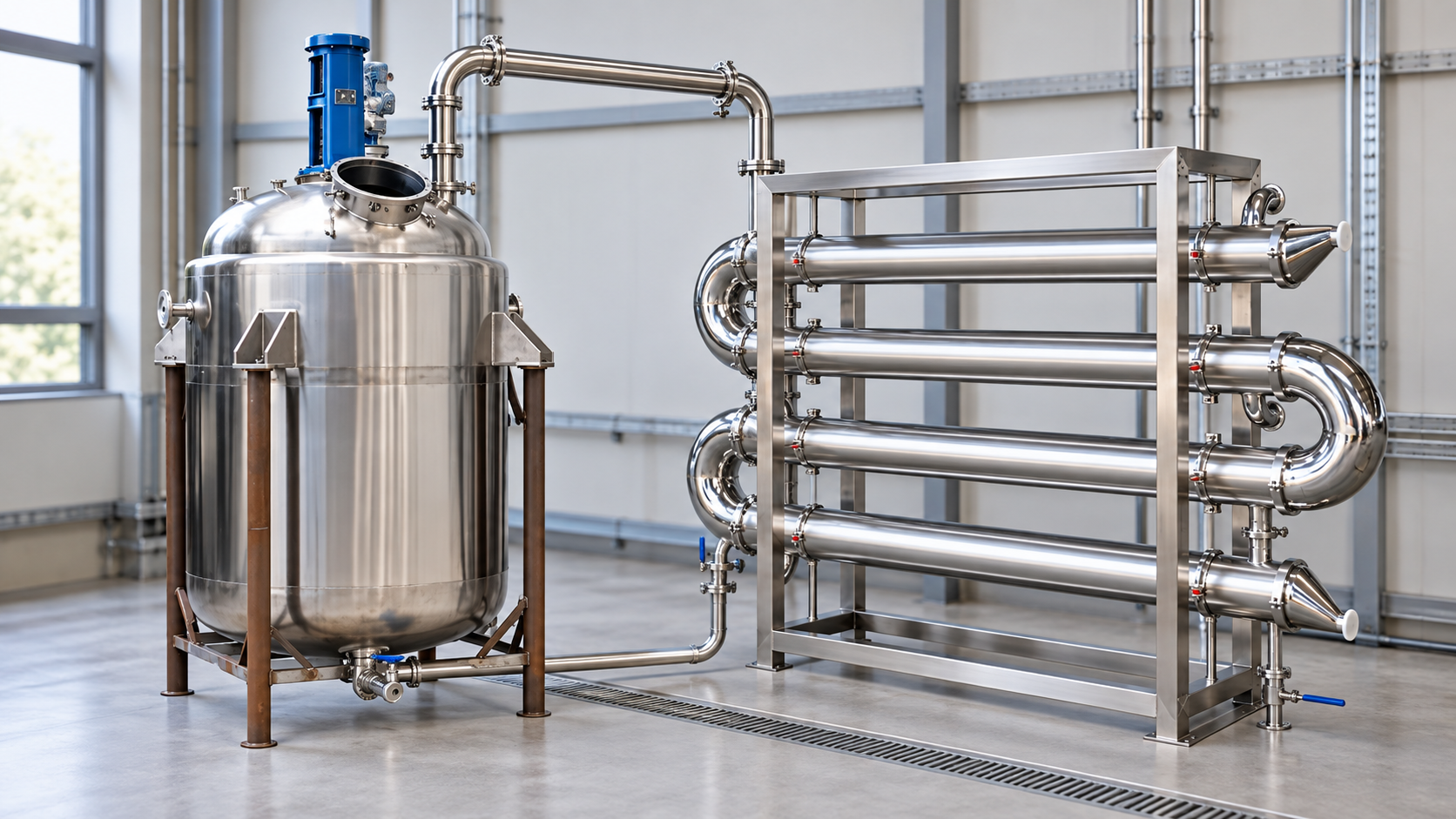 Stainless steel batch reactor and condenser arranged for distillation and reflux service