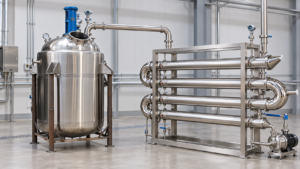 Stainless steel reactor connected to a horizontal condenser for batch service