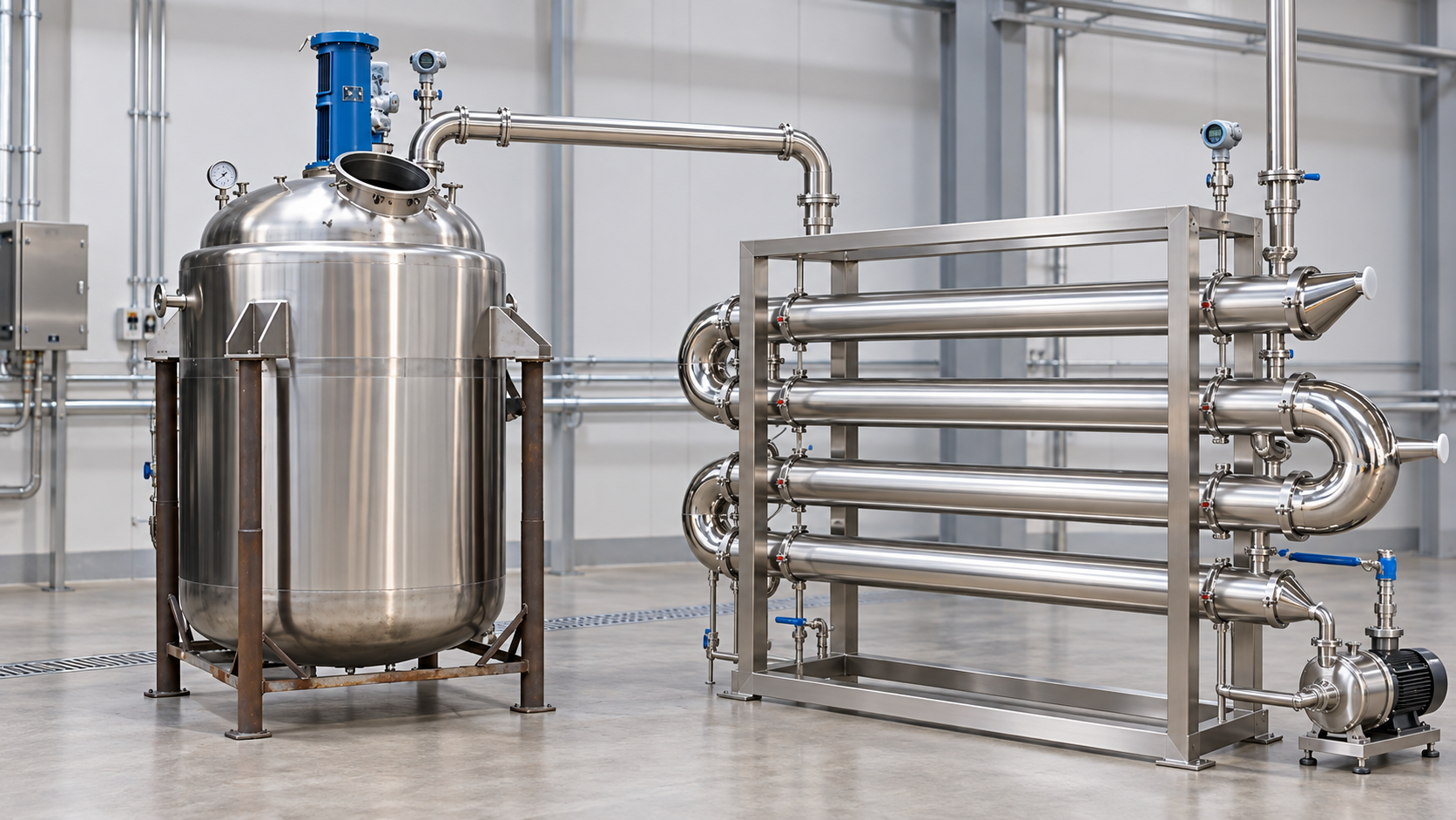 Stainless steel reactor connected to a horizontal condenser for batch service
