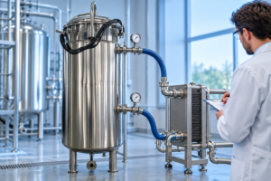 Fermenter cooling connections and plate heat exchanger in a process room