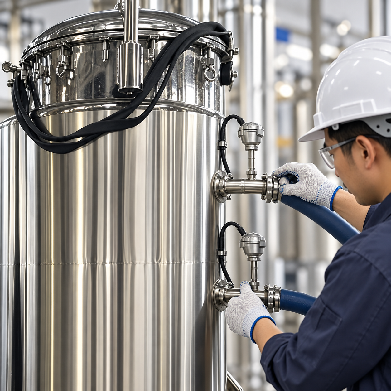 Technician checking cooling connections and temperature sensors on a stainless fermenter