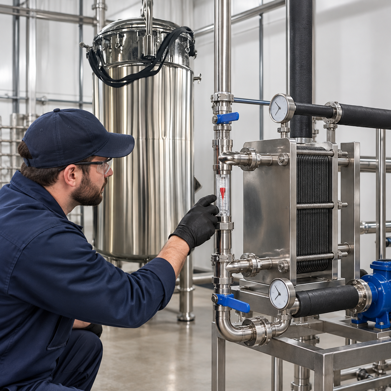 Technician observing cooling-water flow and a plate heat exchanger serving a fermenter