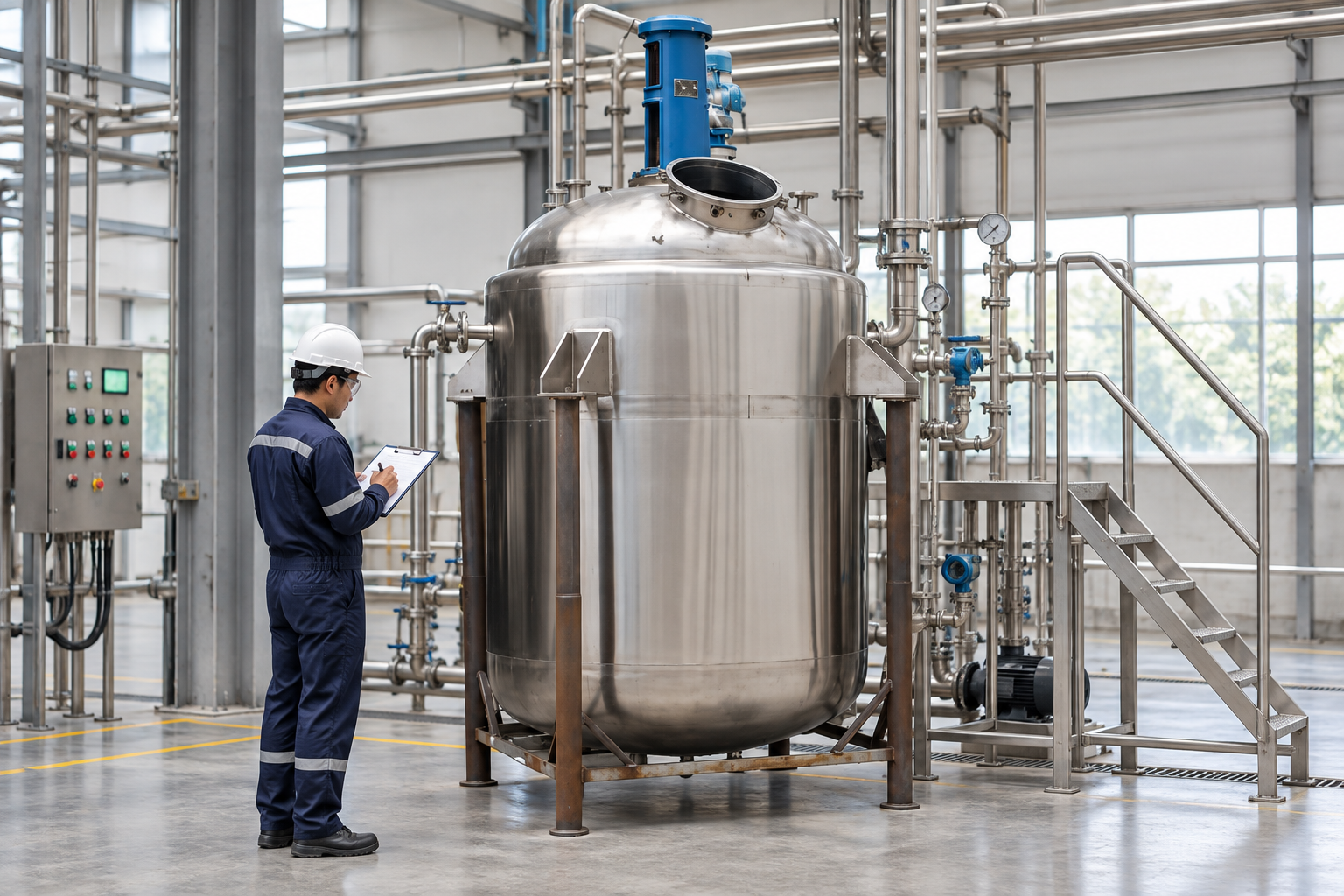 Single stainless steel reactor operated in discrete batch mode