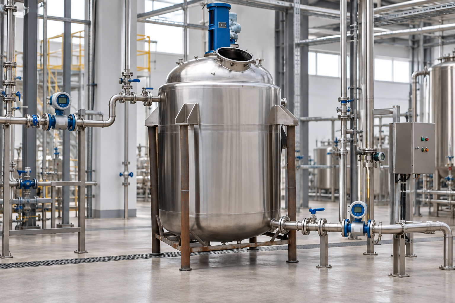 Stainless steel stirred reactor connected for continuous inlet and outlet flow