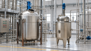 Two stainless steel stirred reactors illustrating batch and continuous operation