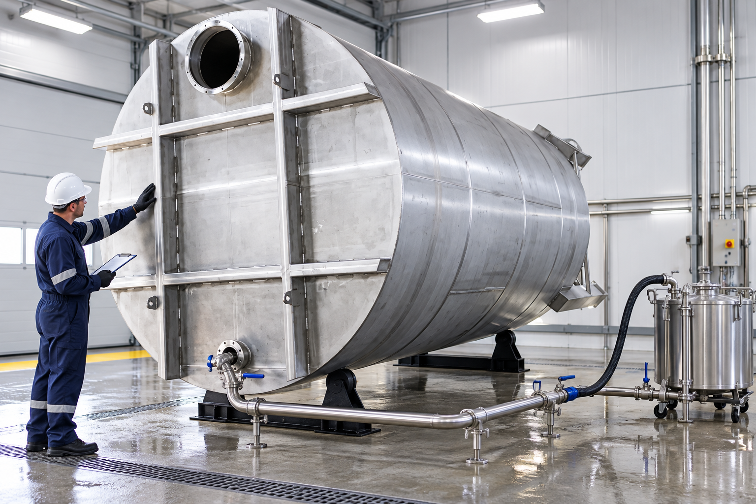 Large horizontal stainless steel storage tank connected to a controlled cleaning system