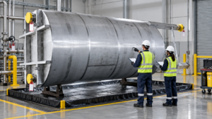 Team inspecting a locked-out horizontal stainless steel storage tank