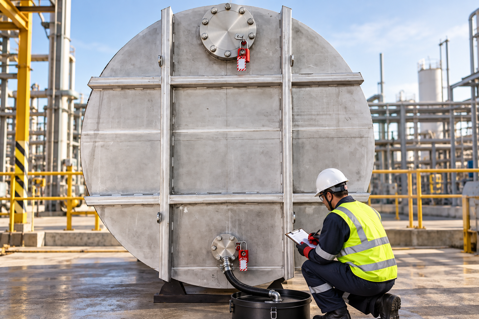 Technician verifying locked and isolated connections on a horizontal stainless steel storage tank