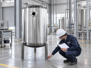 Engineer reviewing stainless alcohol receiving tank support leg for grounding planning