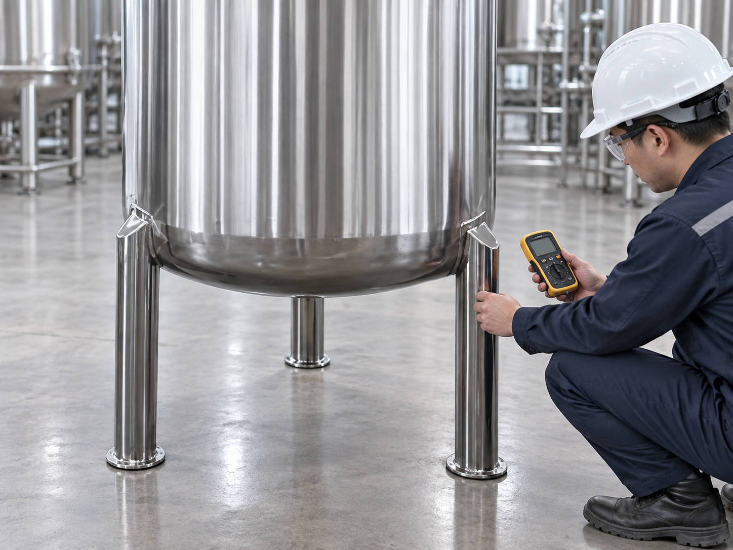 Dukungan tank dan perencanaan kontinuitas Technician reviews lower support leg of stainless alcohol receiving tank with a blank meter