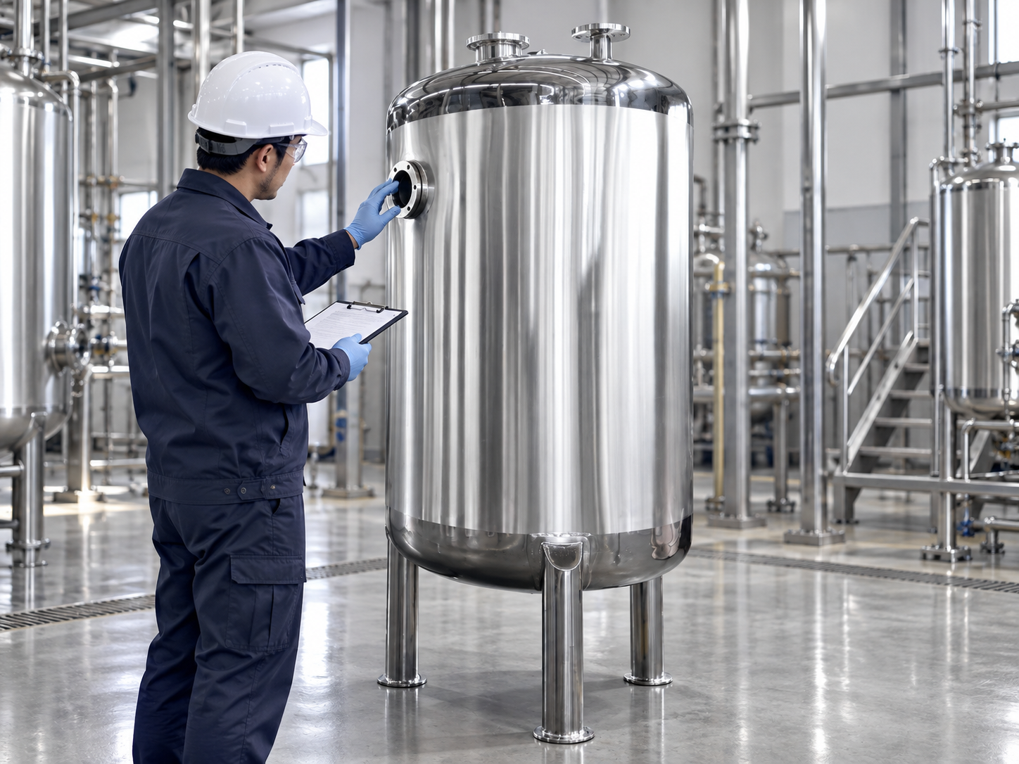 Ulasan koneksi transfer Engineer examining an upper side transfer connection on stainless alcohol receiving tank